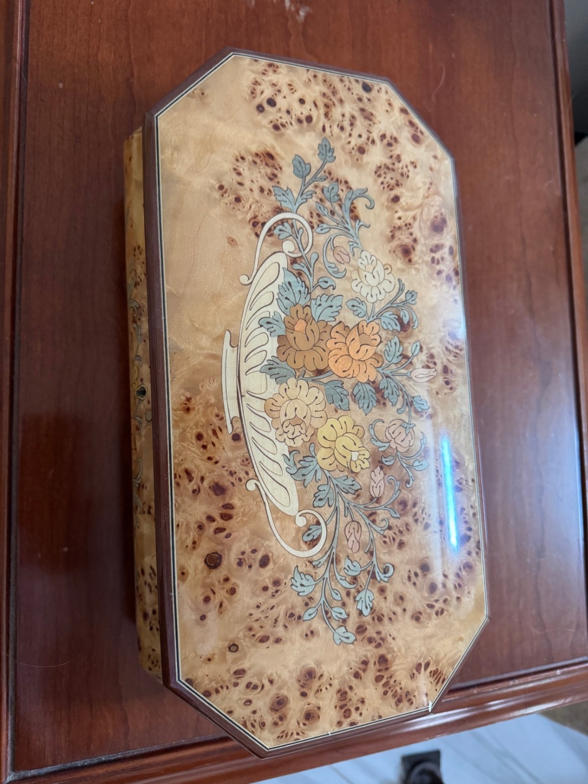 Italian Sorrento Inlaid Wood Music Jewelry Box - Burl Veneer, Floral Marquetry