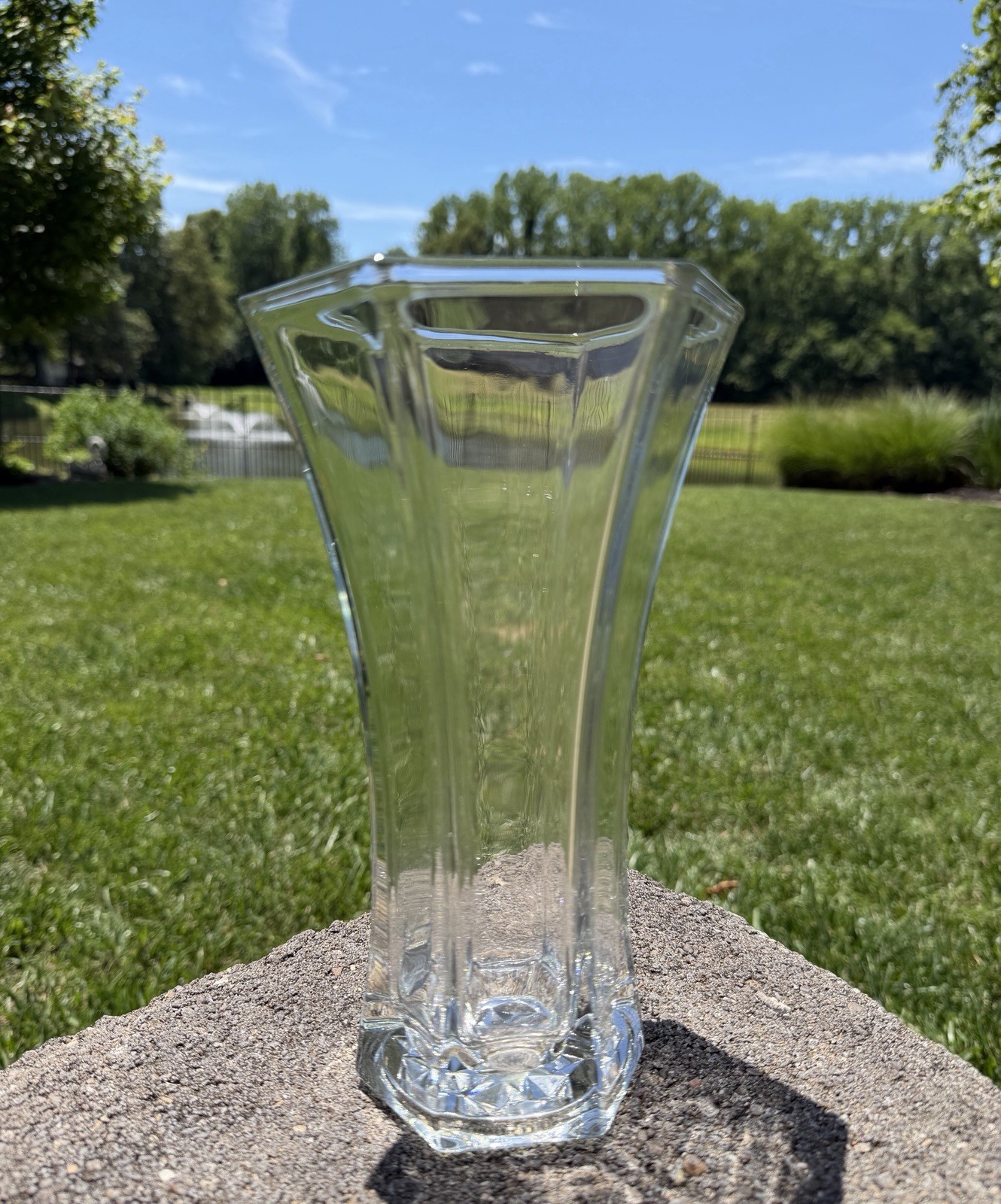 Vintage Heavy Crystal Vase Hexagon Flared Rim Starburst Base Clear Crystal. G22