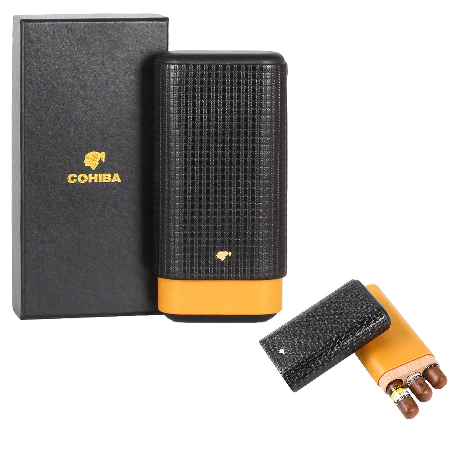 Cohiba Leather Cedar Wood Cigar Case Portable Humidor 3 Cigars Yellow Gift Box