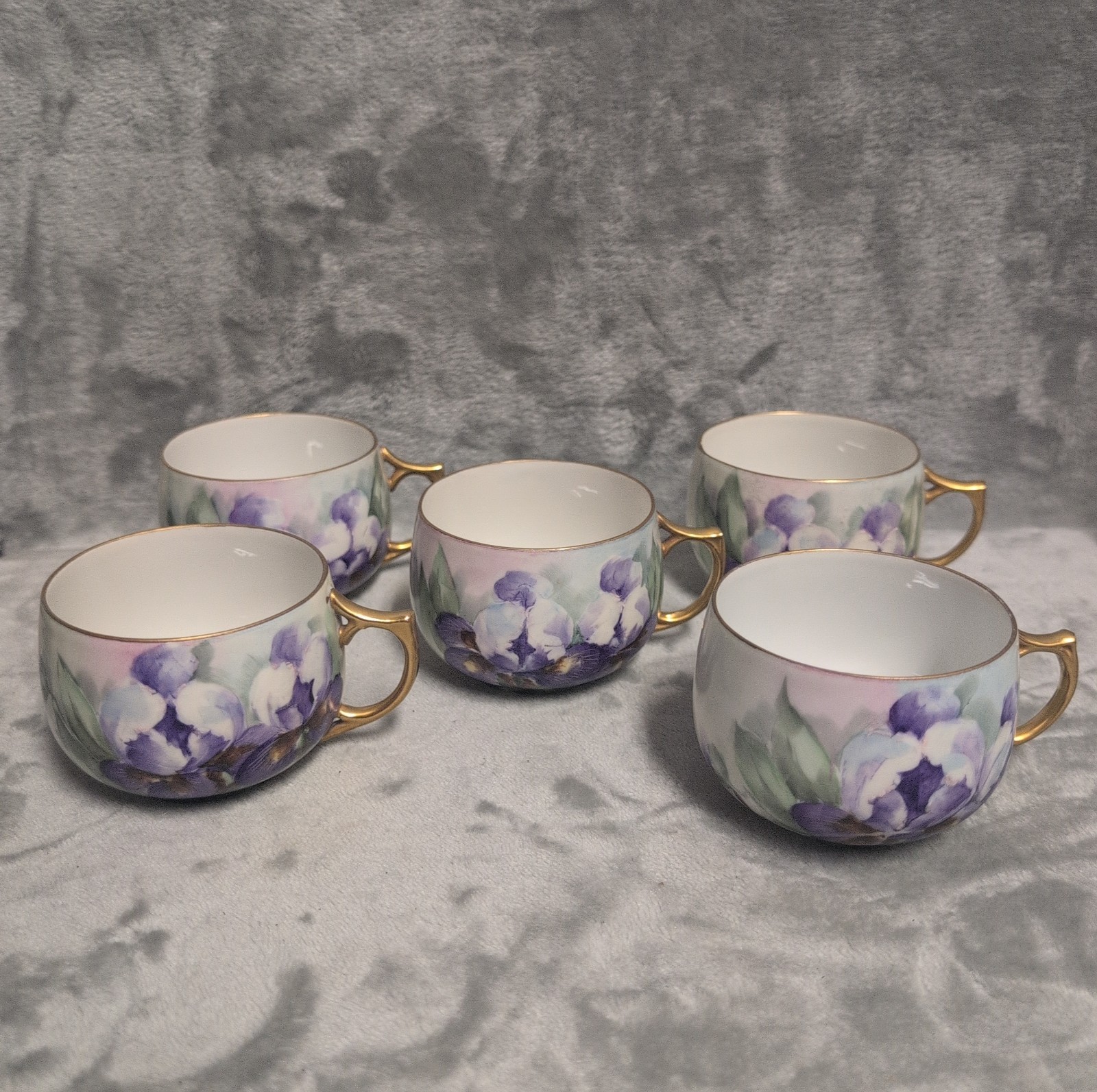 Antique Porzellanfabrik Wehinger & Co Porcelain Tea Cup Set Purple Orchid