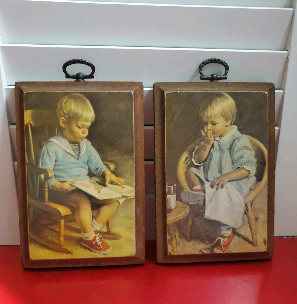 VTG Woodcroftery James Ingwersen Gary Gretchen Wooden Wall Plaques Pair 1960s