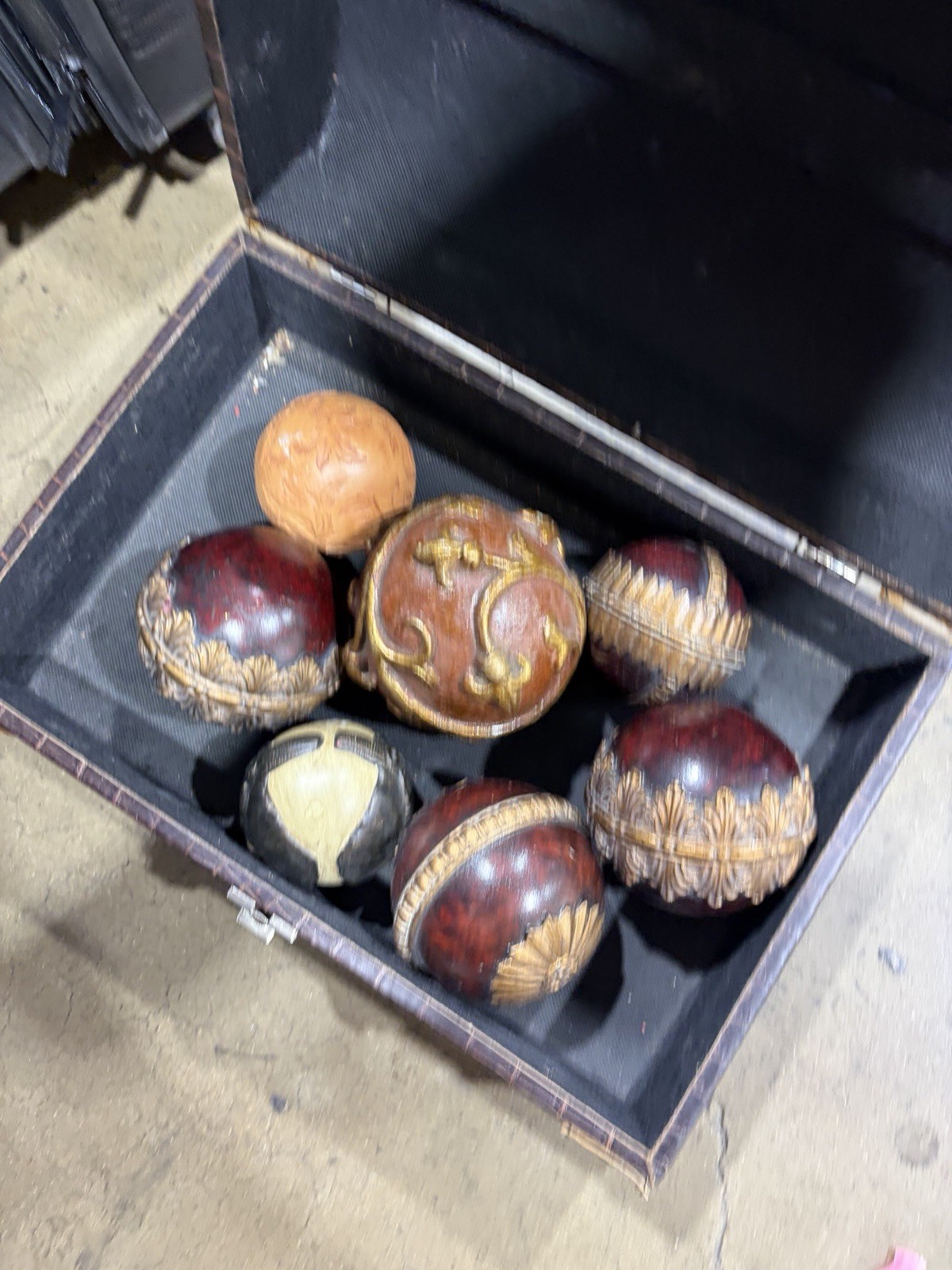 Carved Wooden Decorative Ball Set Brown Gold Beige w/ Faux Leather Case