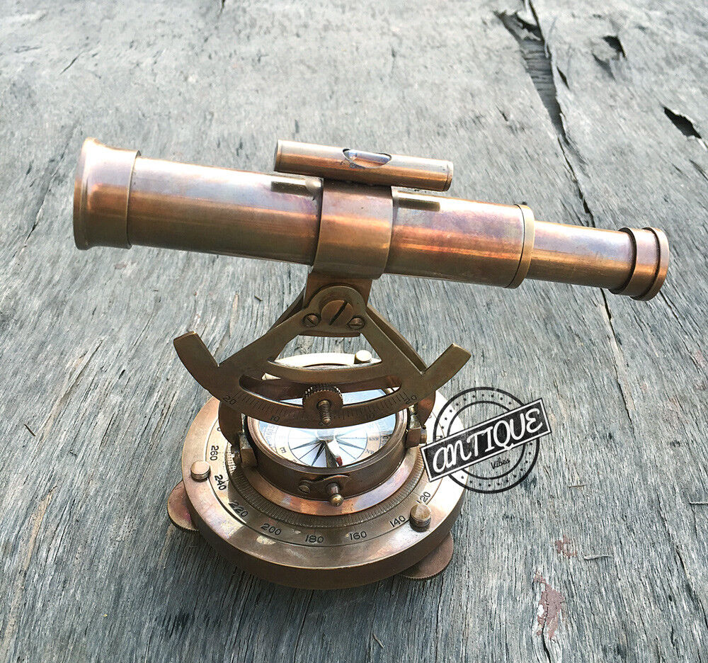 Vintage Solid Brass Theodolite Survey Alidade & Telescope Compass Instrumen