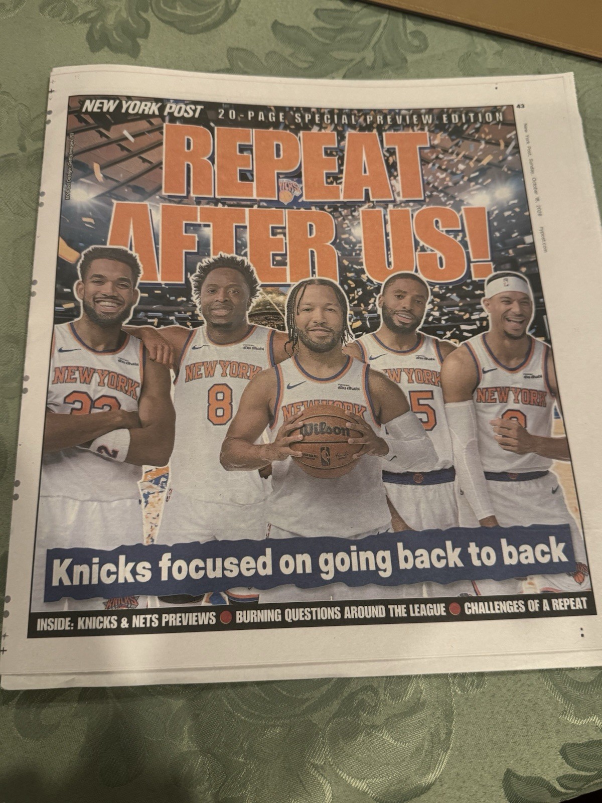 NY Post October 18 2026 Complete Newspaper Knicks 20 Page NBA Preview Champions