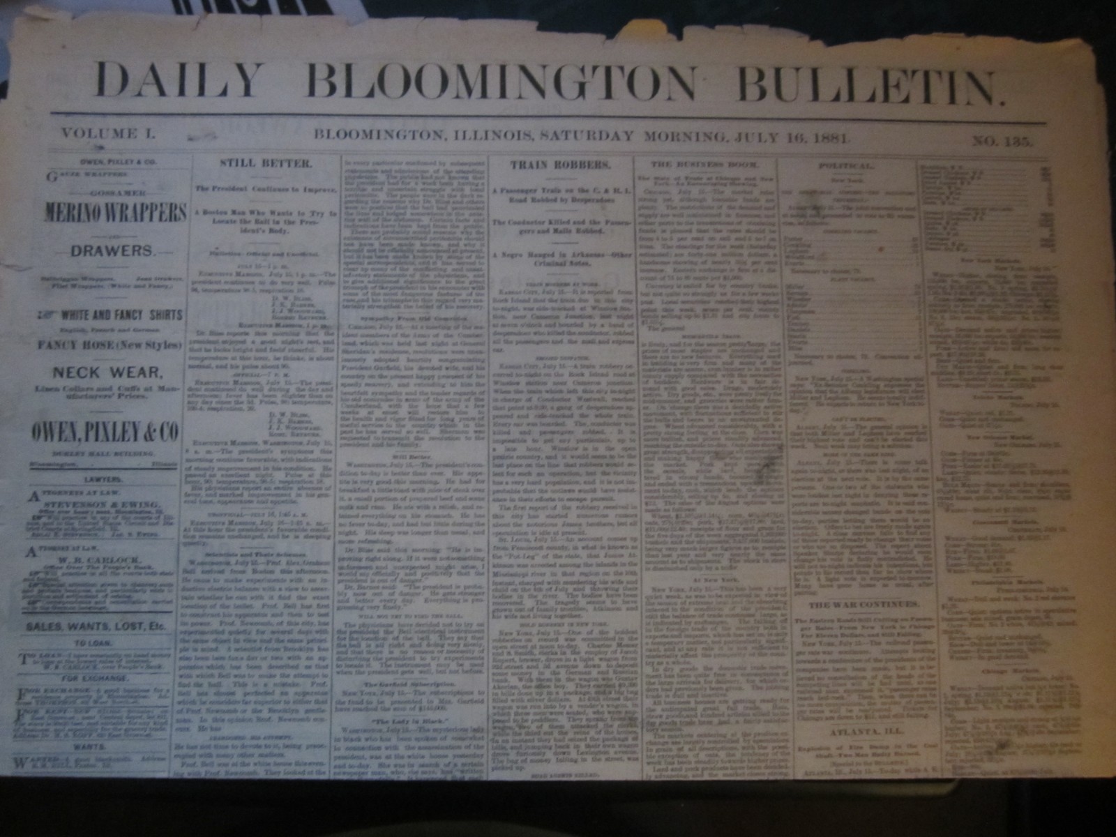 Daily Bloomington Bulletin Newspaper July 16 1881 Train Robbers Jesse James Gang Daily Bloomington Bulletin Newspaper July 16 1881 Train Robbers Jesse James Gang