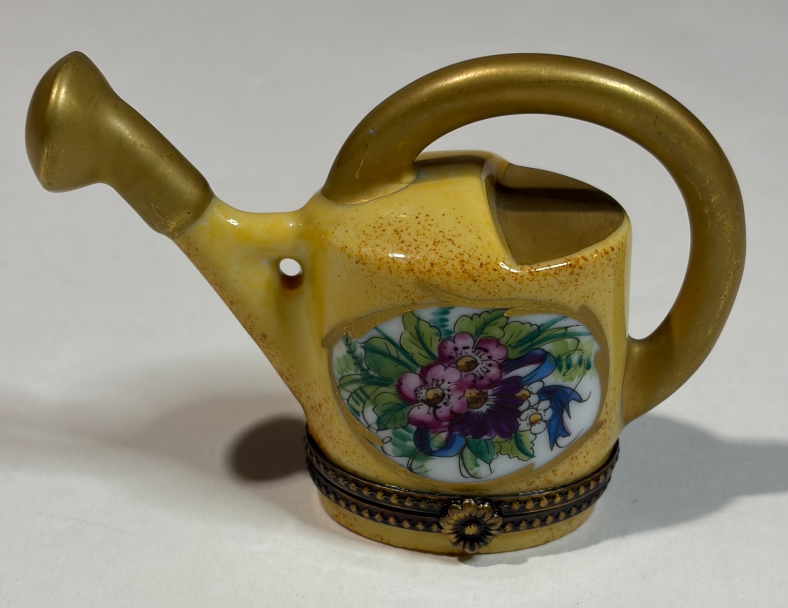 Limoges Peint Main Trinket Box Watering Can Gold Floral Clasp Surprise Design