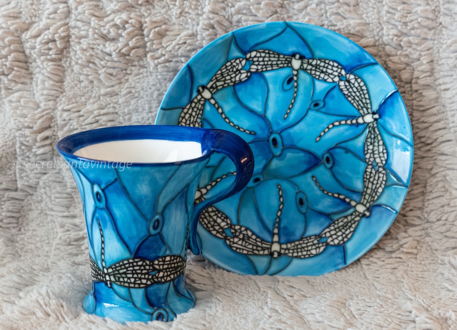 RARE Benaya by Innovation Ceramics Porcelain Blue Dragonfly Cup & Dish Set Li\'09
