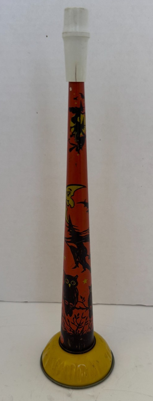 Vintage Tin Litho Halloween Noisemaker T Cohn Horn Witch Jol Owl Bat Moon