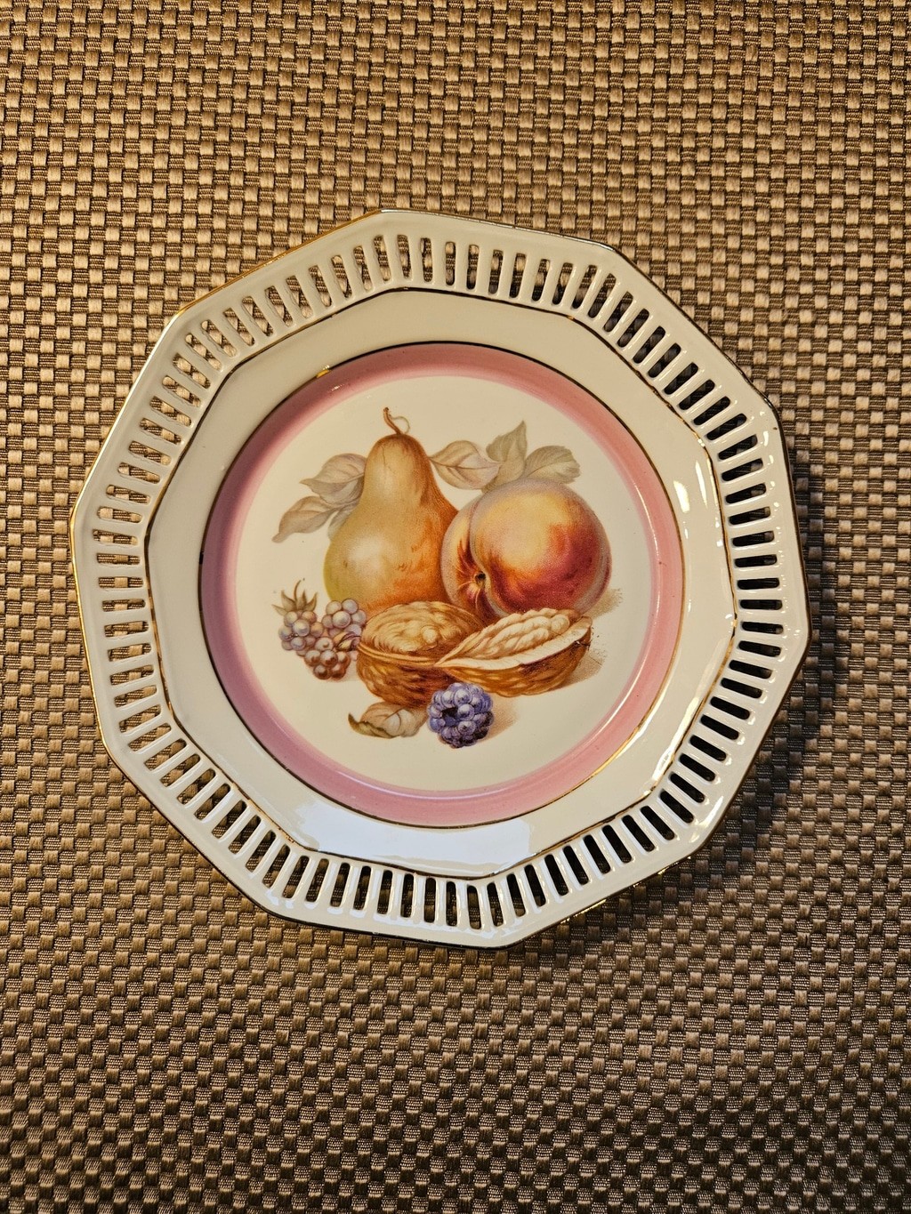 Schumann Arzberg Germany Fruit Motif Porcelain Plate, Lattice White/Pink