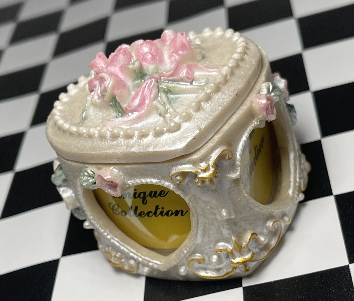 White Porcelain Heart Shaped Trinket Box  Picture Frame Flowers Pink Valentines