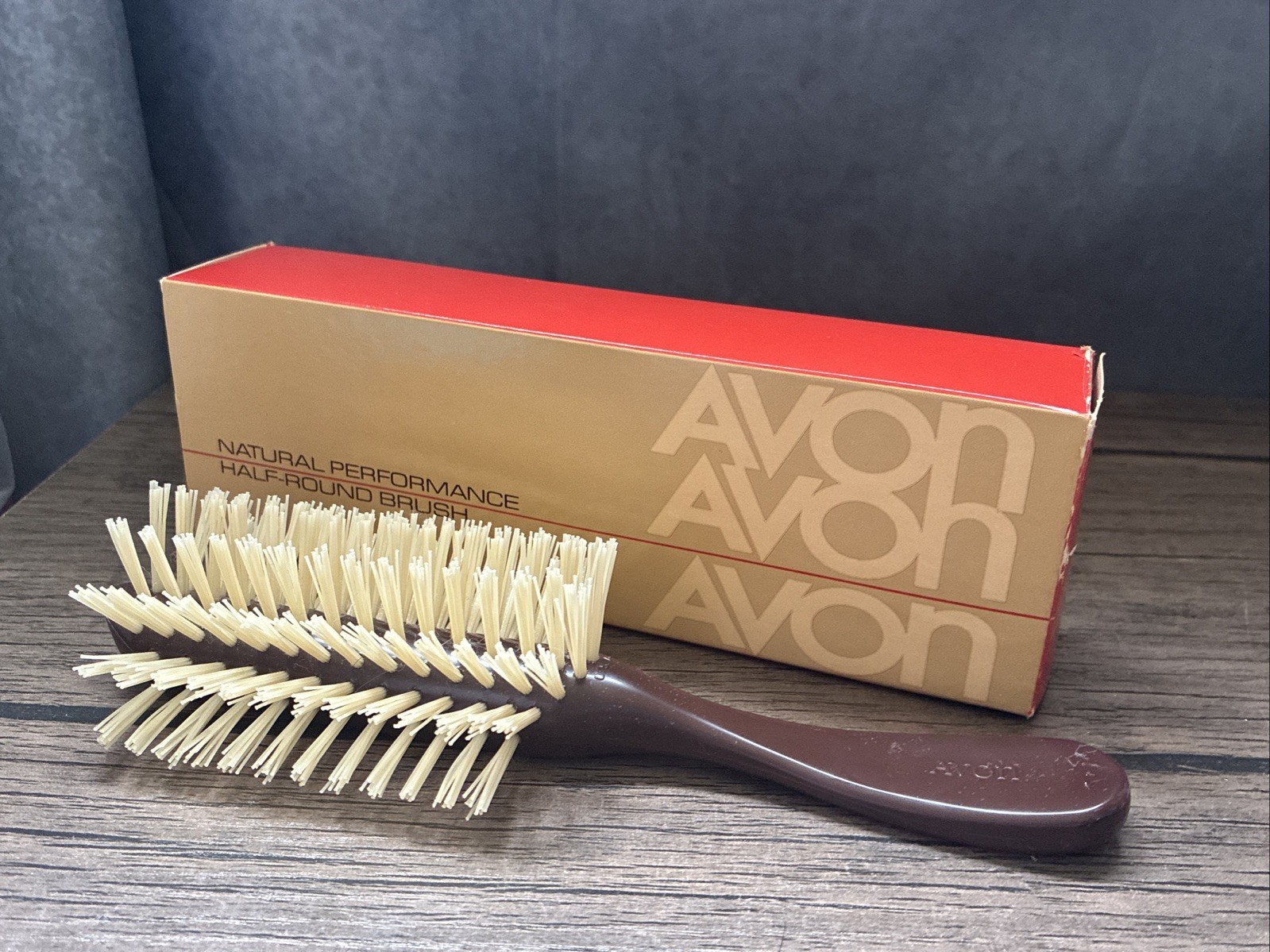 Vintage 1986 Avon Half Round Hair Brush Nylon Bristle Brown 8 Rows USA w/ Box