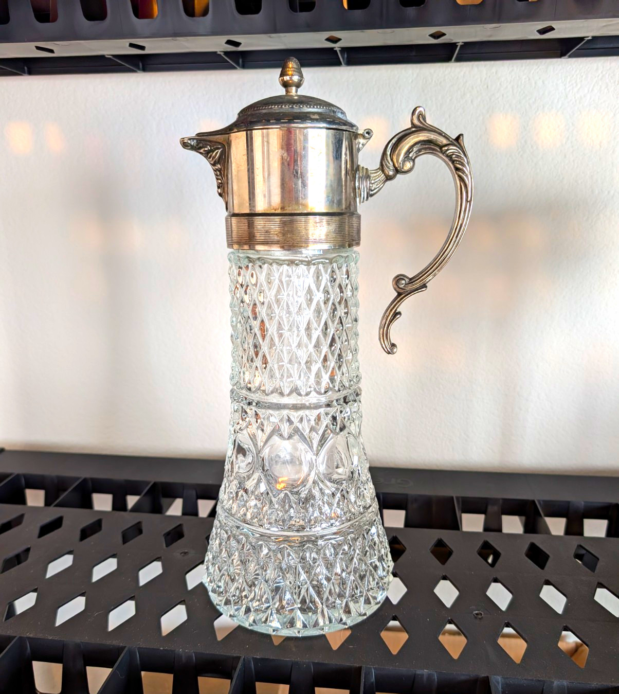 Vintage Wine/Water Diamond Cut Glass Pitcher Silver Plated Hinged Lid & Insert.