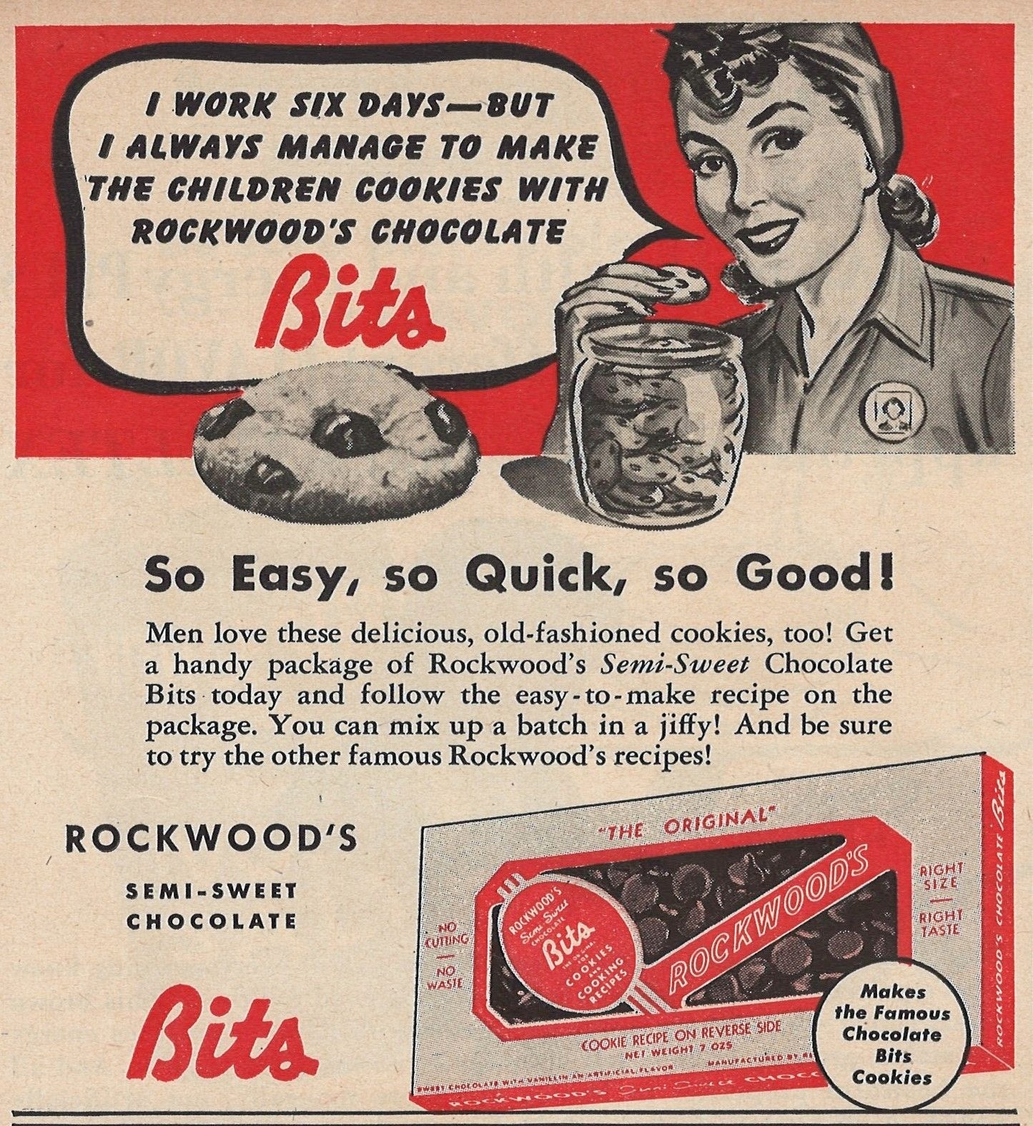 Rockwoods Chocolate Bits Semi-Sweet 1943 Vintage Print Ad Original u