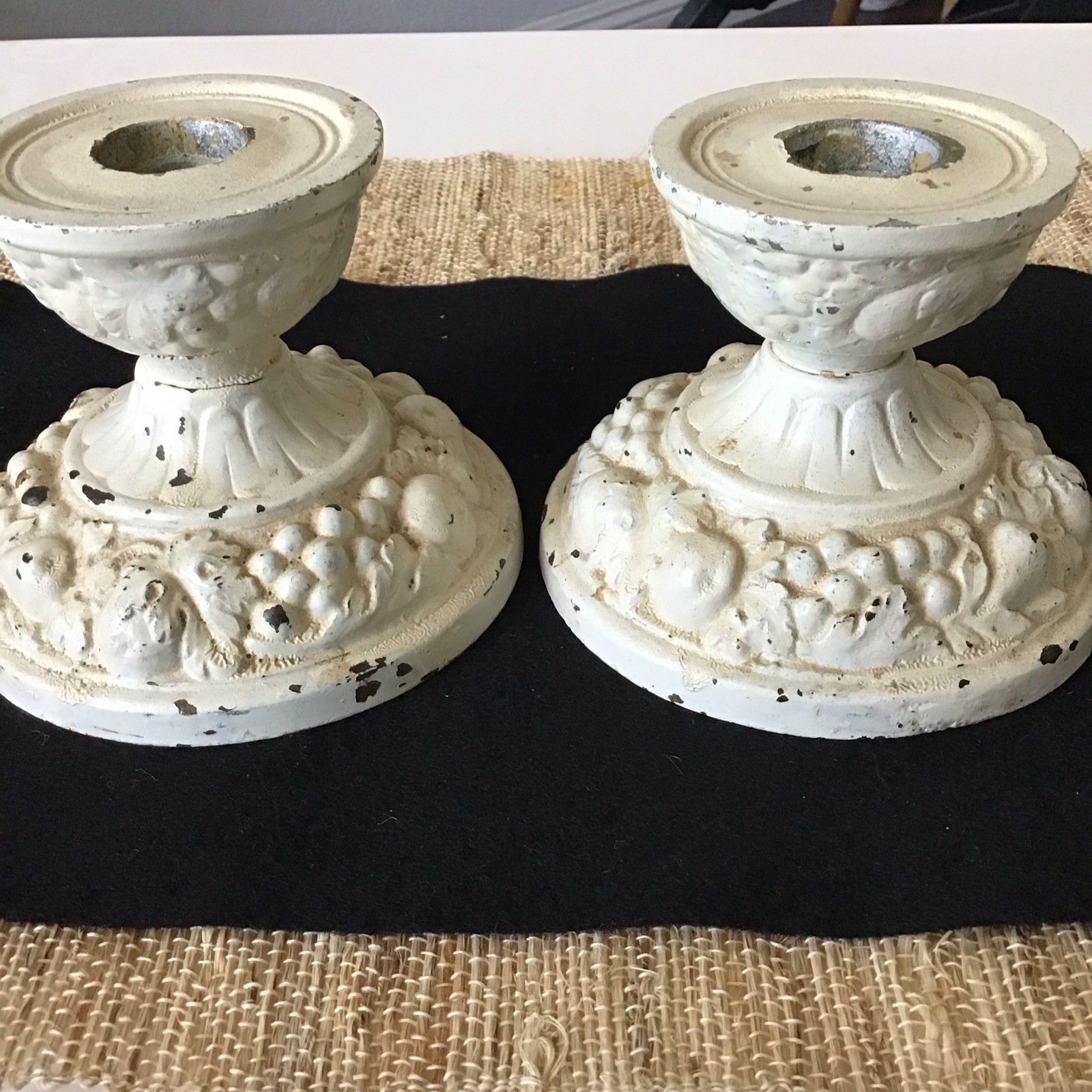 Antique Pair Country French Candle Holders / White Metal Fruit Motif Very Old