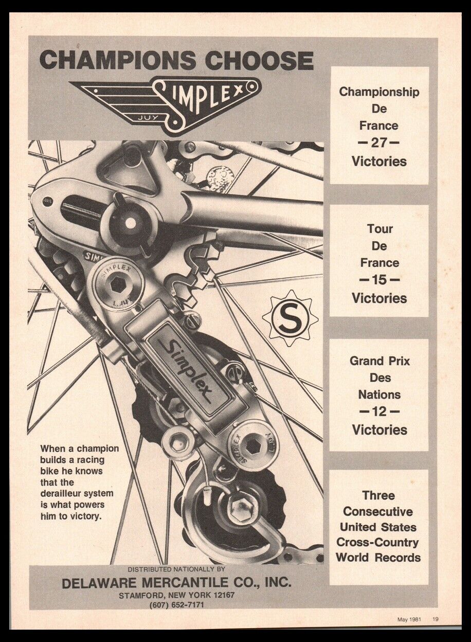 1981 Simplex Derailleurs- “Champions Choose” Vintage Bicycle Print ad -