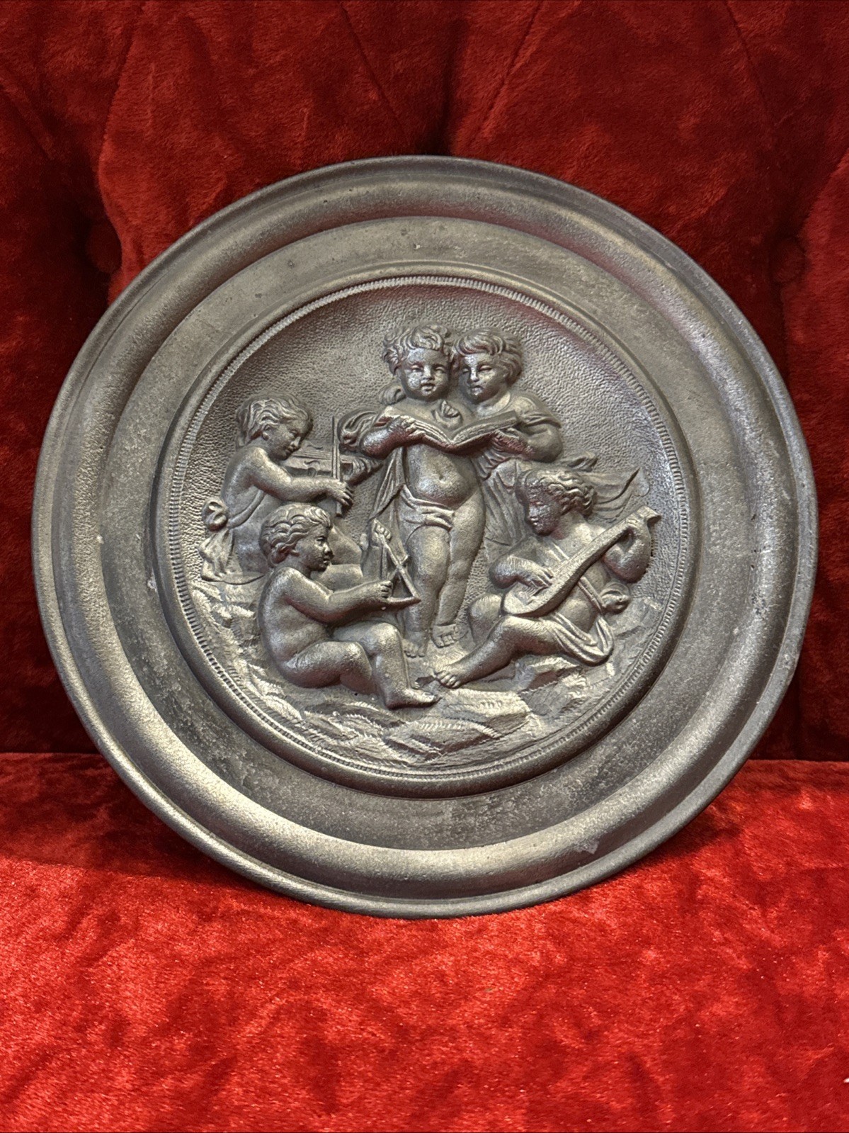 Vintage Round Italian Carved relief of 4 putti playing music instruments Plaque