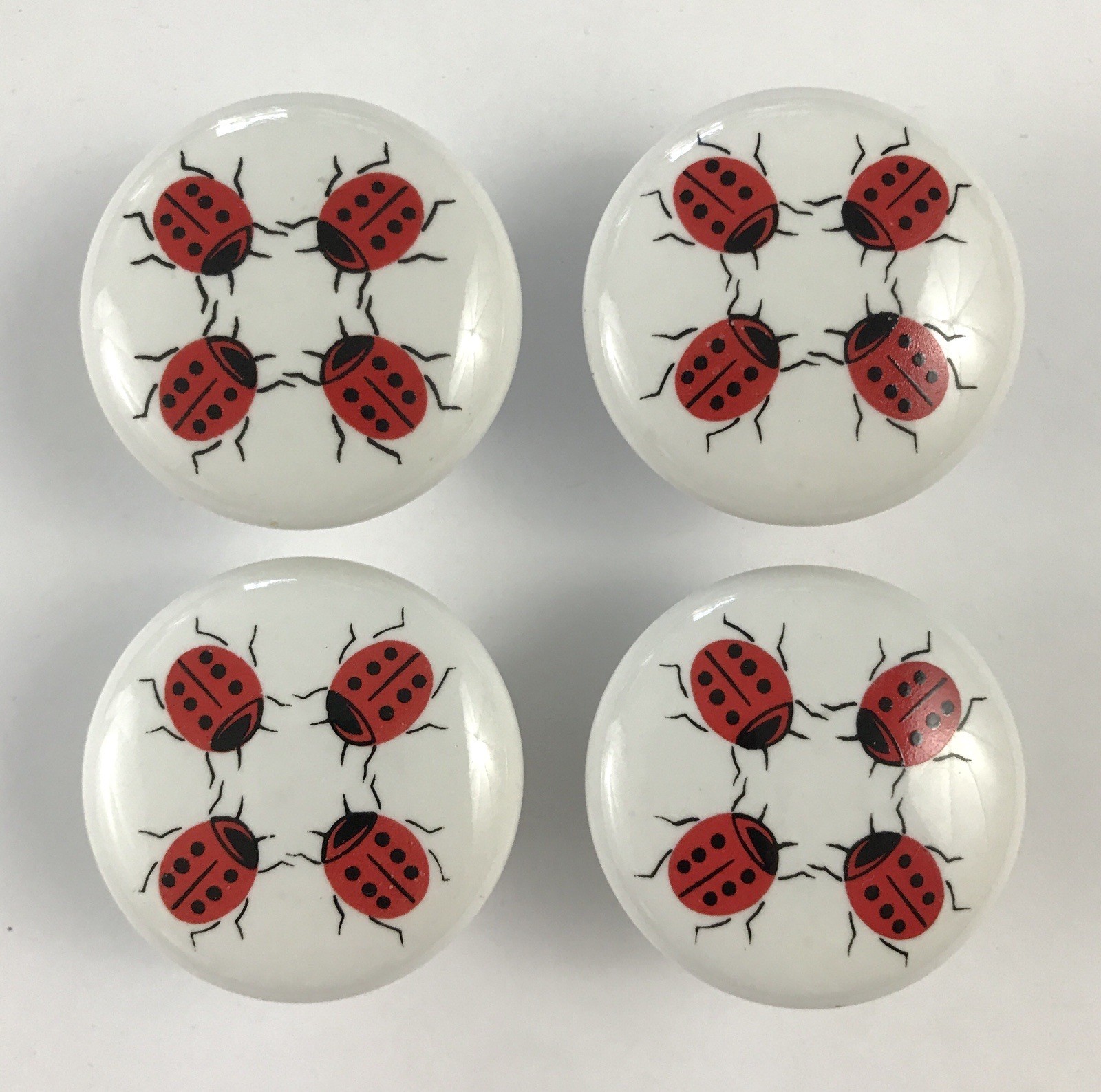 Four Vintage 1970s Ceramic Ladybug Quartet Drawer Pulls Cabinet Knobs w/Screws Four Vintage 1970s Ceramic Ladybug Quartet Drawer Pulls Cabinet Knobs w/Screws