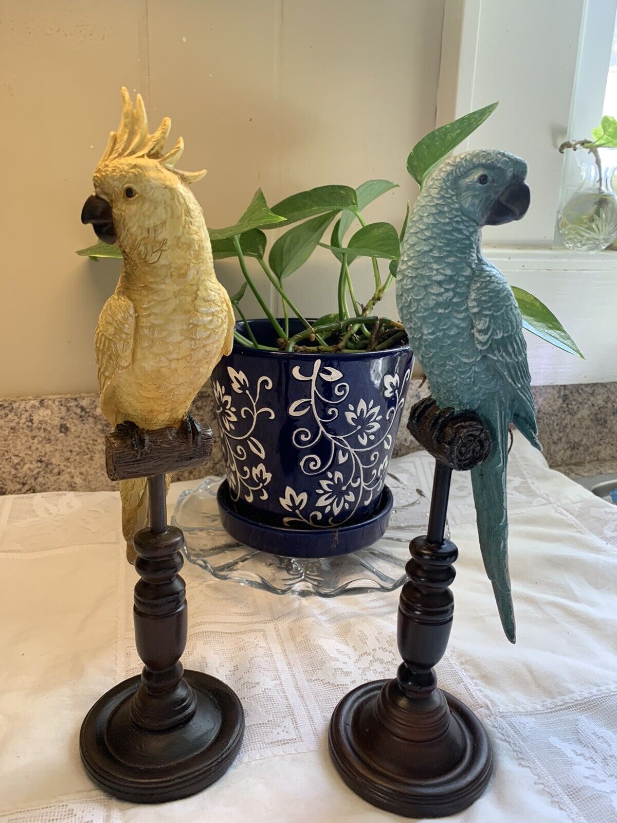 Vintage Hand Carved Resin Blue Teal  And Yellow Parrot On Stand