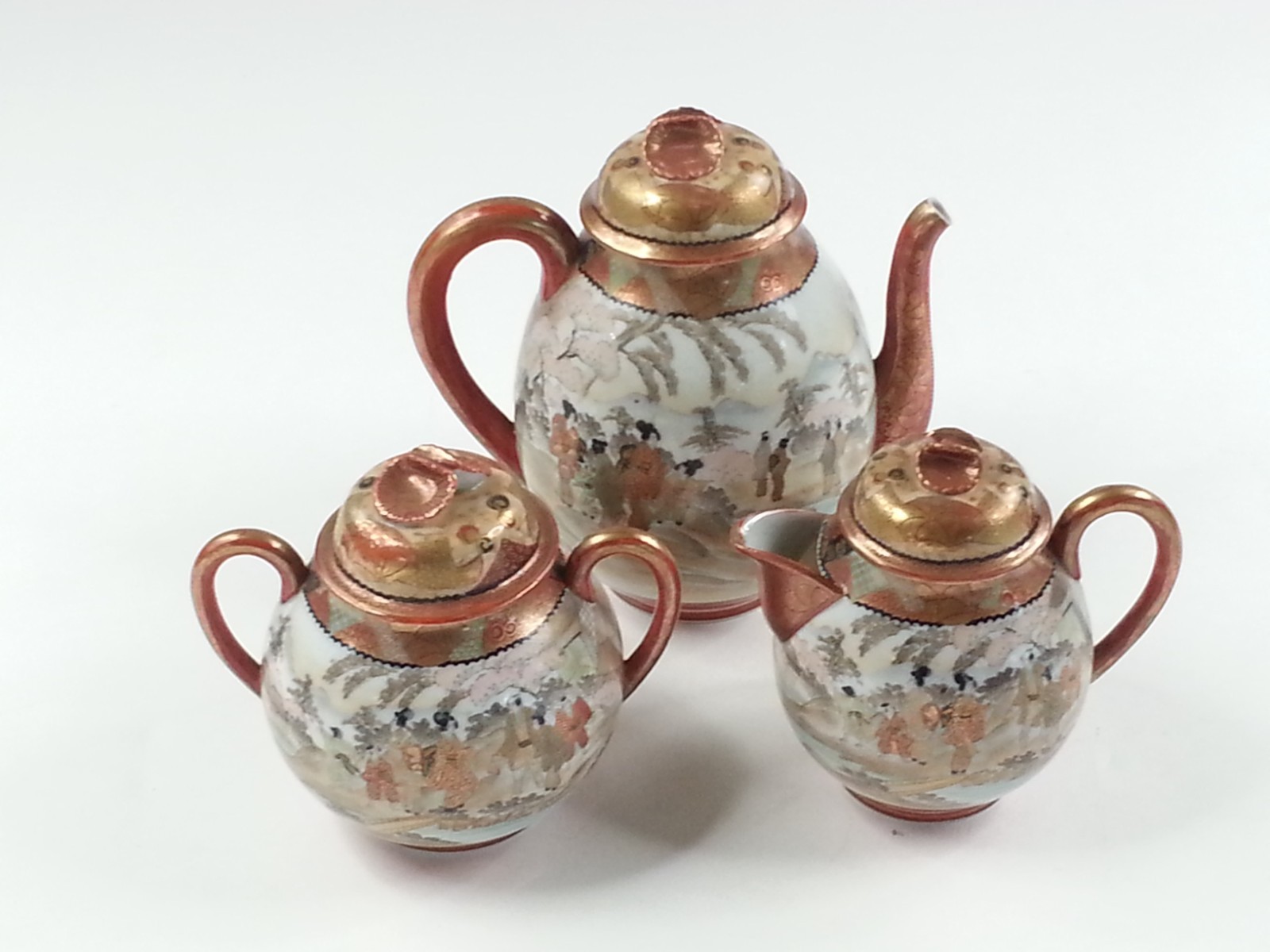 3 Piece Antique Kutani Ware Meiji Porcelain Tea Pot Sugar Creamer Set As-is