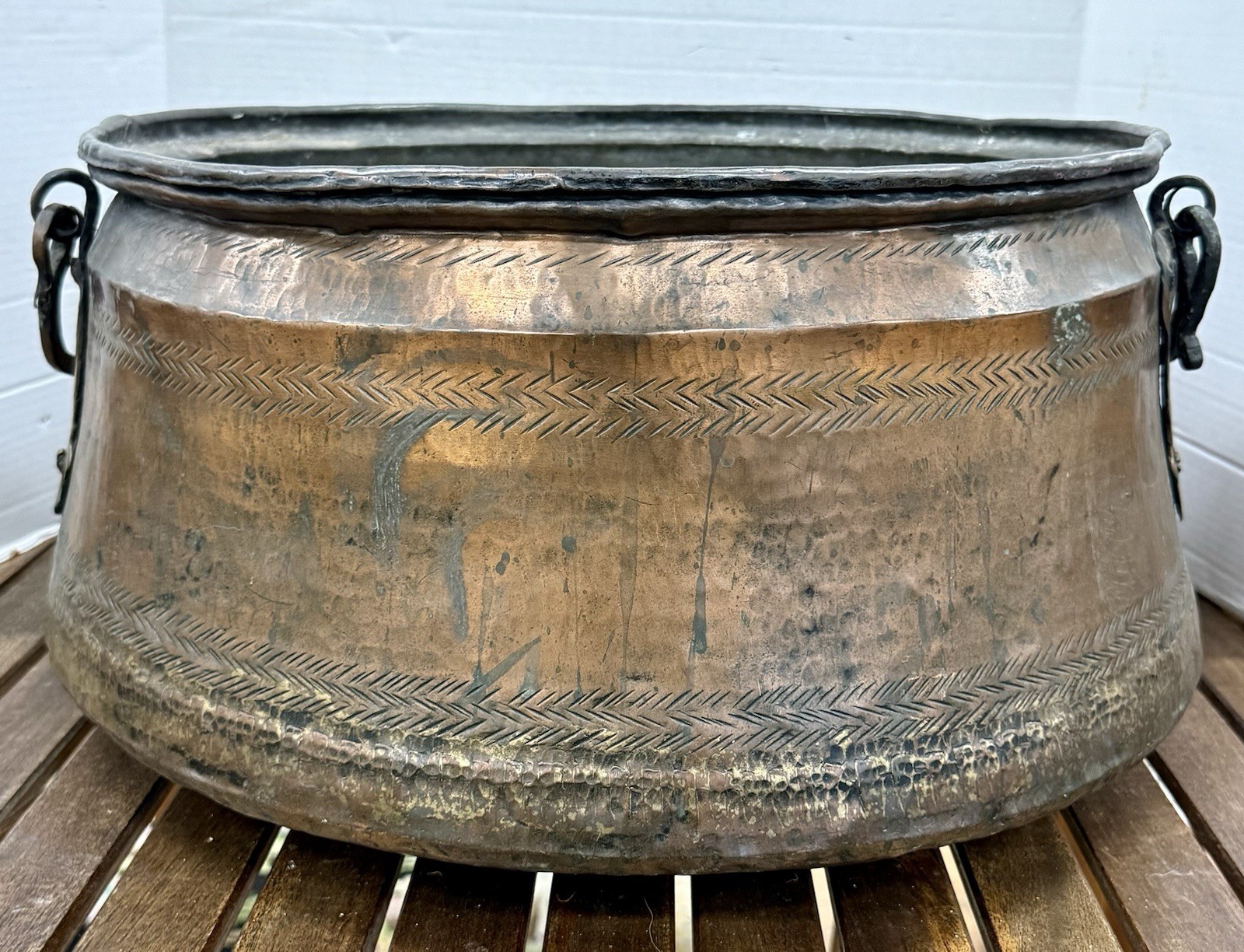 French Antique Hammered and Chased Copper Cauldron Bucket Basket With Handles