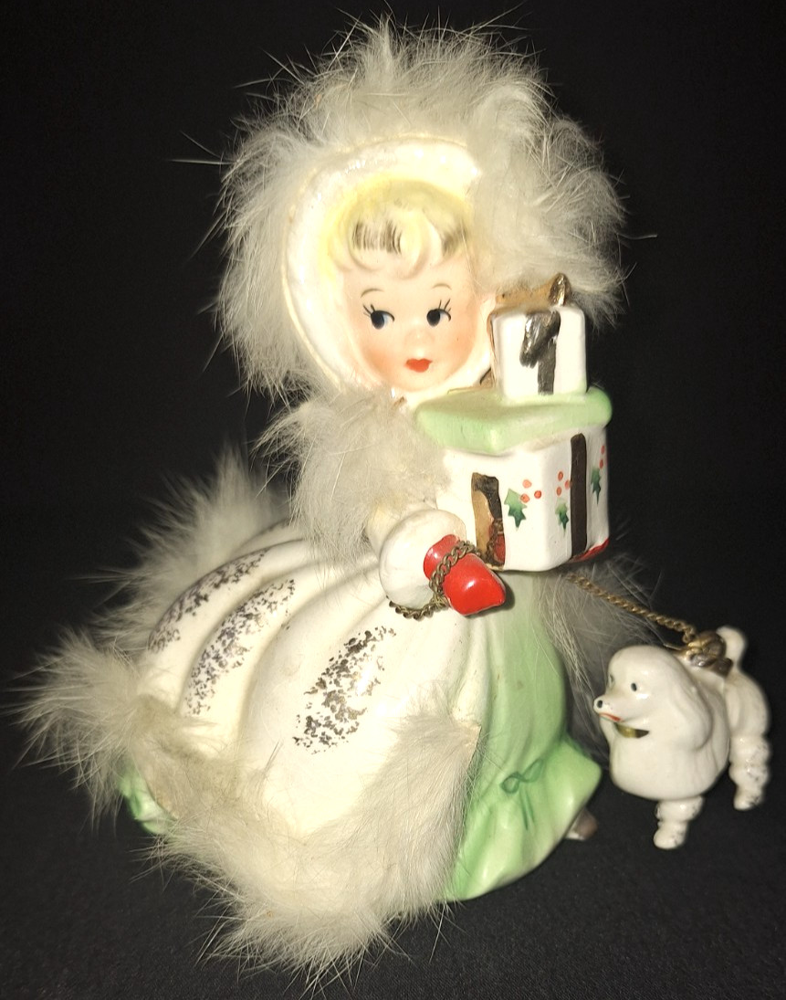 HTF VTG NAPCO w/TAG CHRISTMAS SHOPPER GIRL & POODLE DOG FUR TRIM FIGURINE AX4642