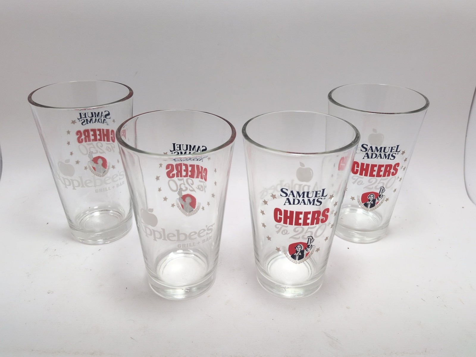 Brand New Set of 4 Samuel Adams Applebee\'s Cheers to 250 Years 12oz Beer Glasses