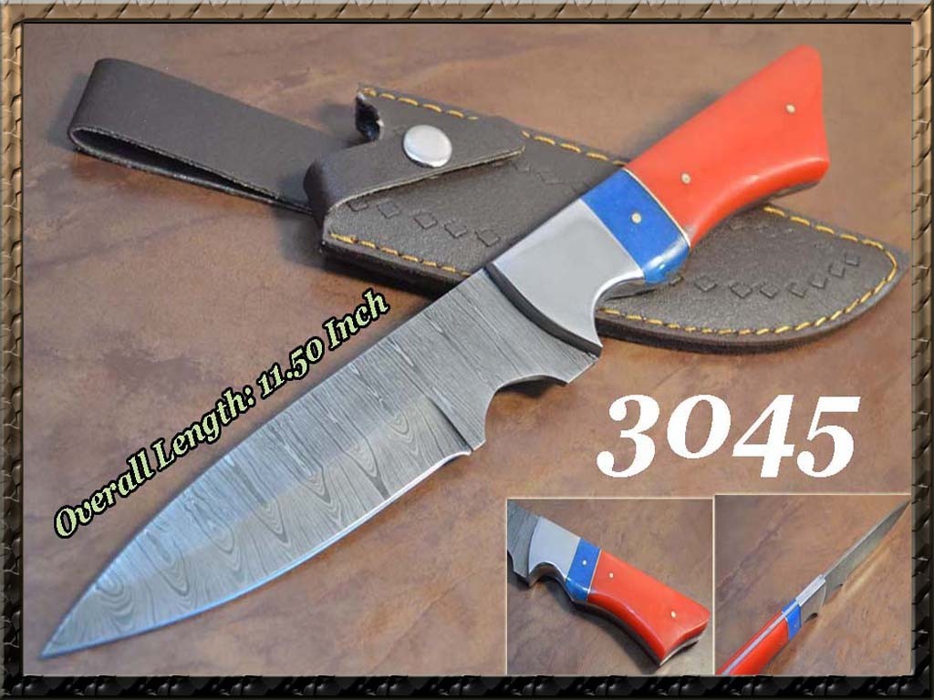 Custom Handmade Damascus Steel 11.5 Inch Hunting Skinner Knife-Color Bone Handle