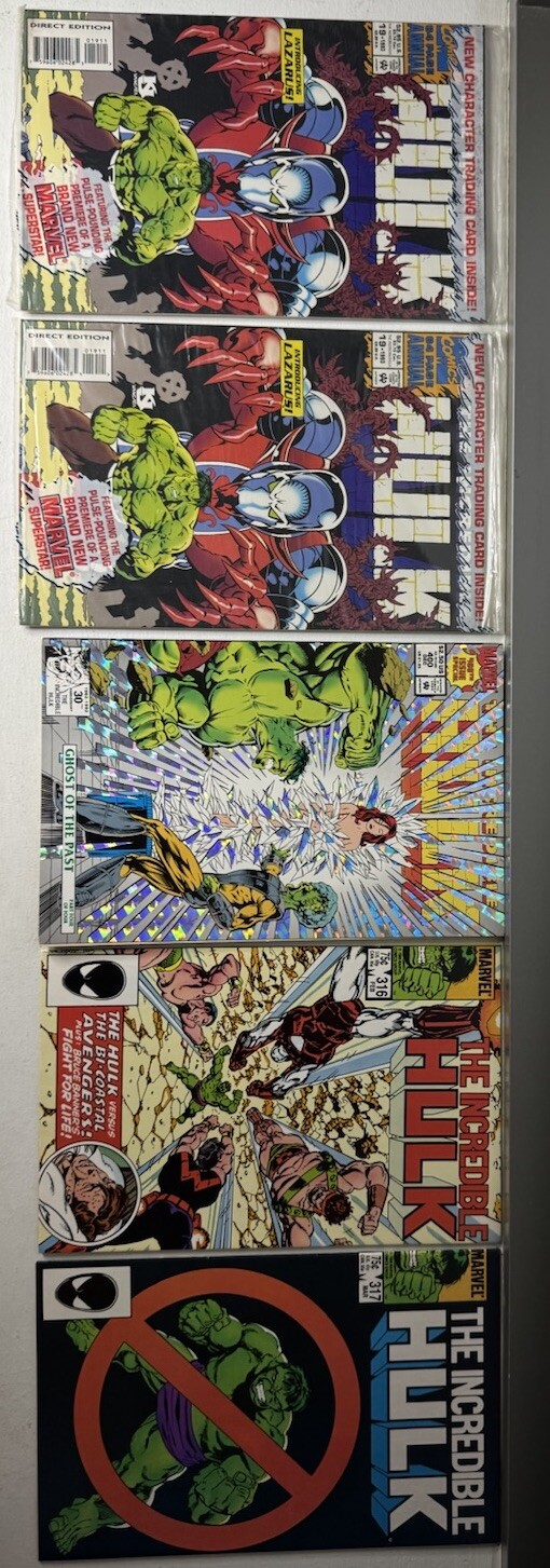 THE INCREDIBLE HULK 5 COMIC LOT #316 #317 400 & 2 COPIES OF ANNUAL #19 w/ CARDS THE INCREDIBLE HULK 5 COMIC LOT #316 #317 400 & 2 COPIES OF ANNUAL #19 w/ CARDS