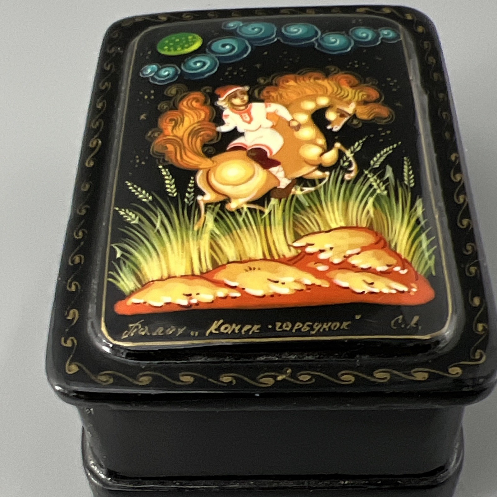 VTG Russian Palekh Lacquer Hand Painted Box “The Little Humbacked Horse” Signed