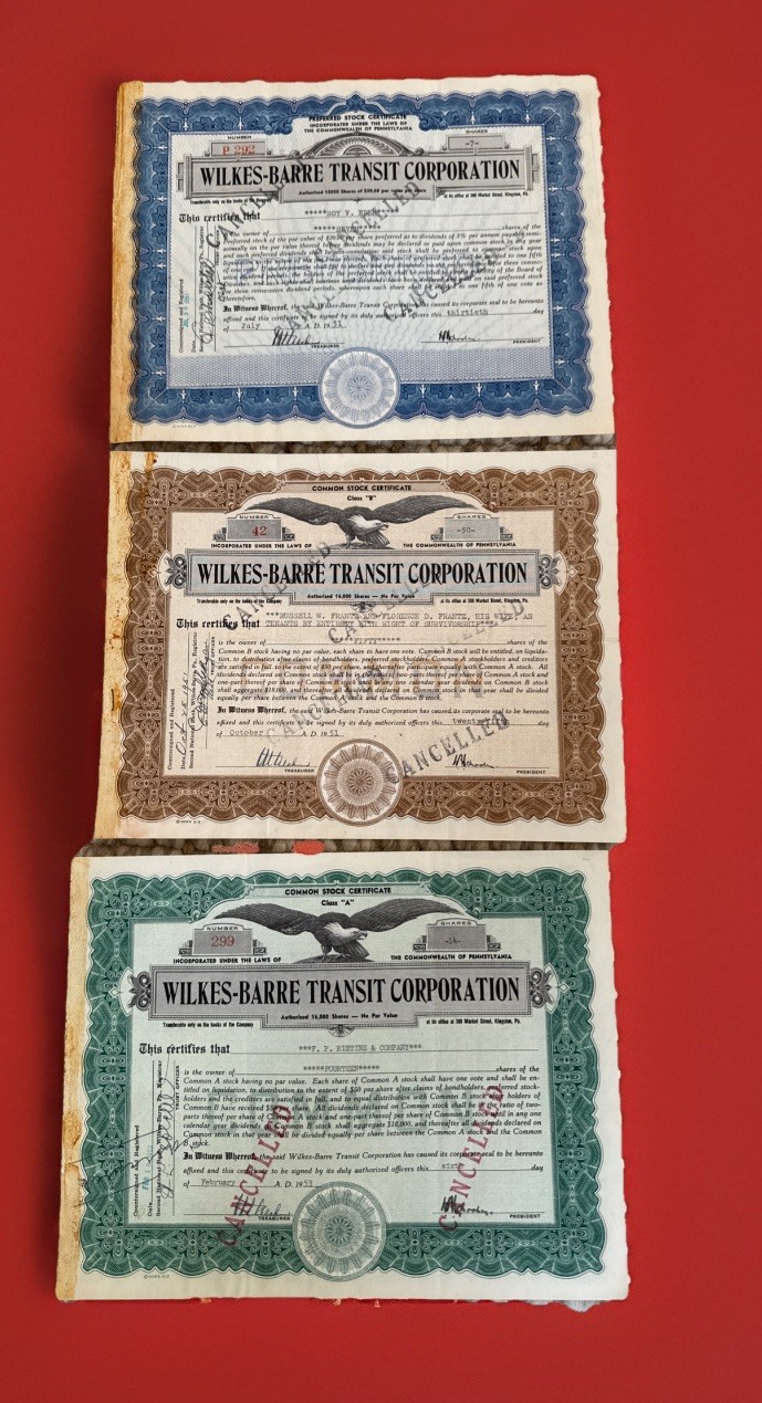 WILKES-BARRE TRANSIT CORP Stock (Lot of 3) Doc Stamps Historic PA Trolley Bus