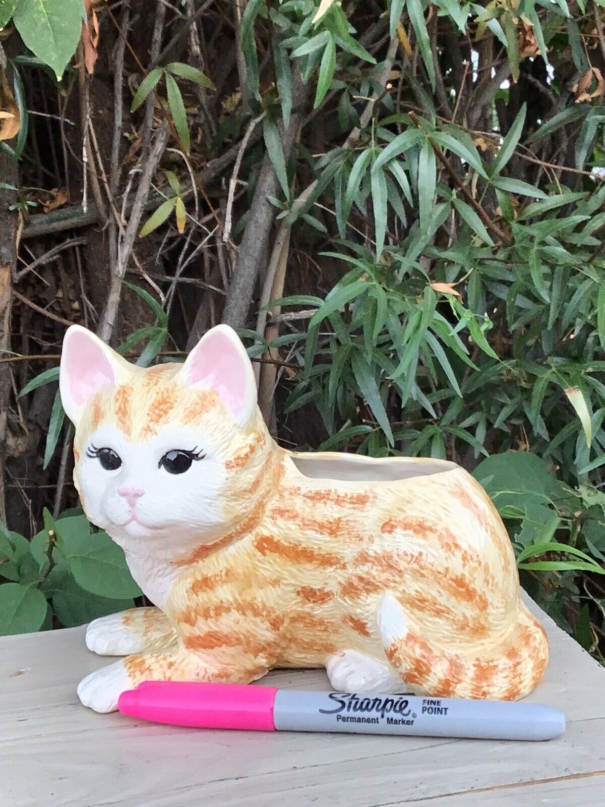 Vtg Ceramic Hand Painted Orange Tabby Cat Kitten Succulent Planter1980s