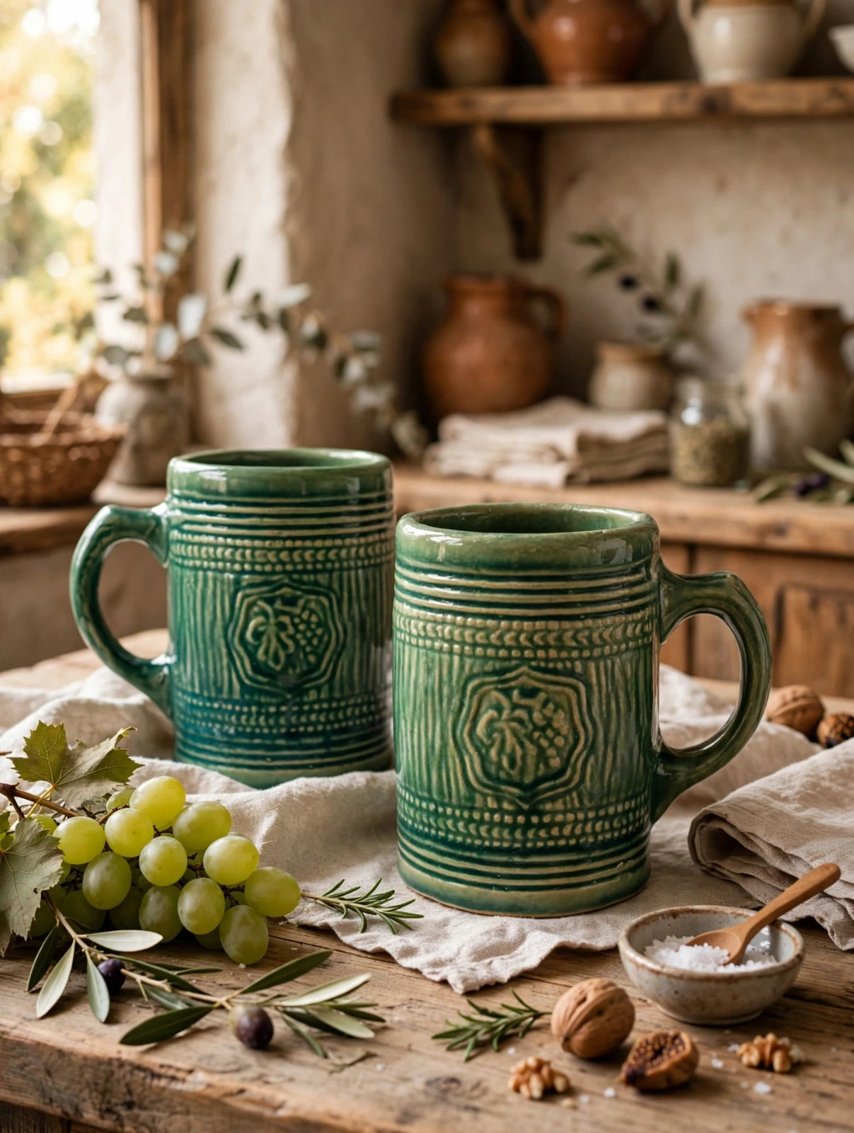 Pair, 2 Vintage, McCoy Grape Shield Green Stoneware Beer Steins
