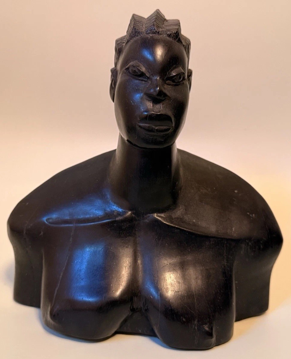 Vintage African Hand Carved Wood Woman Bust Sculpture Braided Hair 7.25\