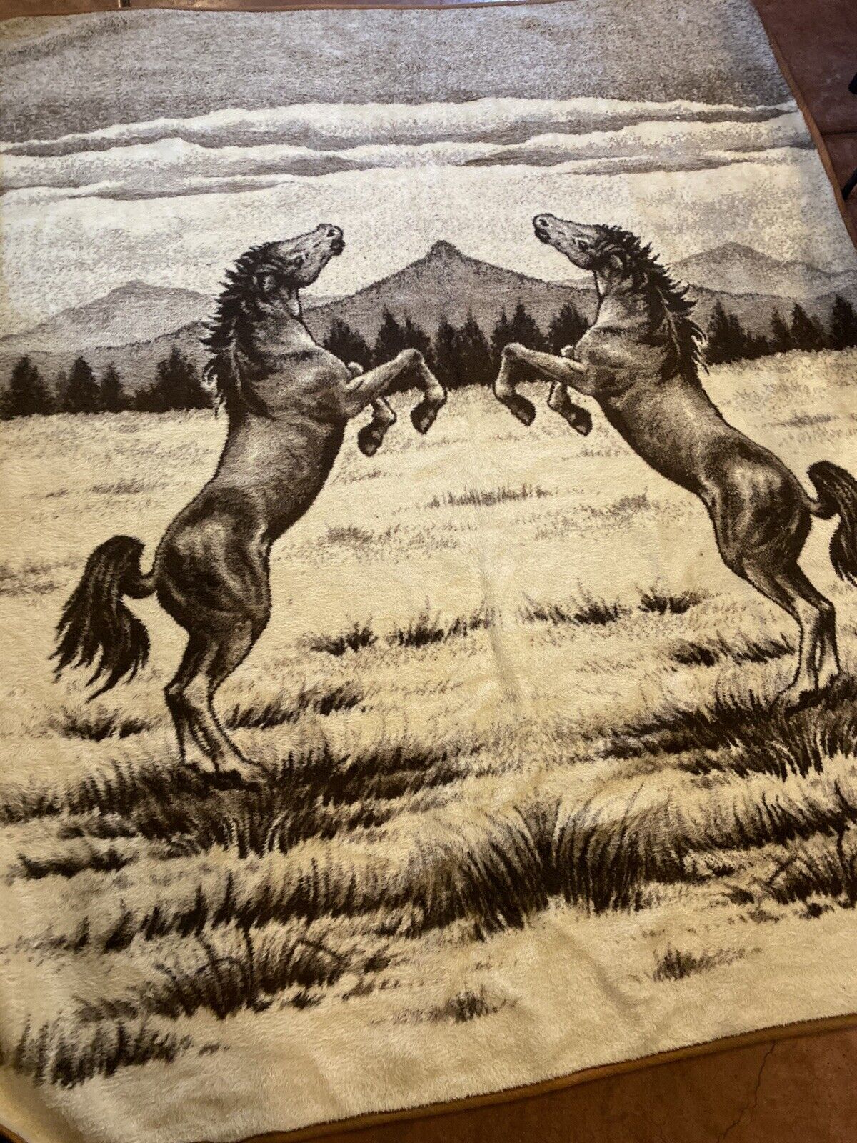 San Marcos Fighting Stallions Horses Large Brown Reversible Vintage Blanket