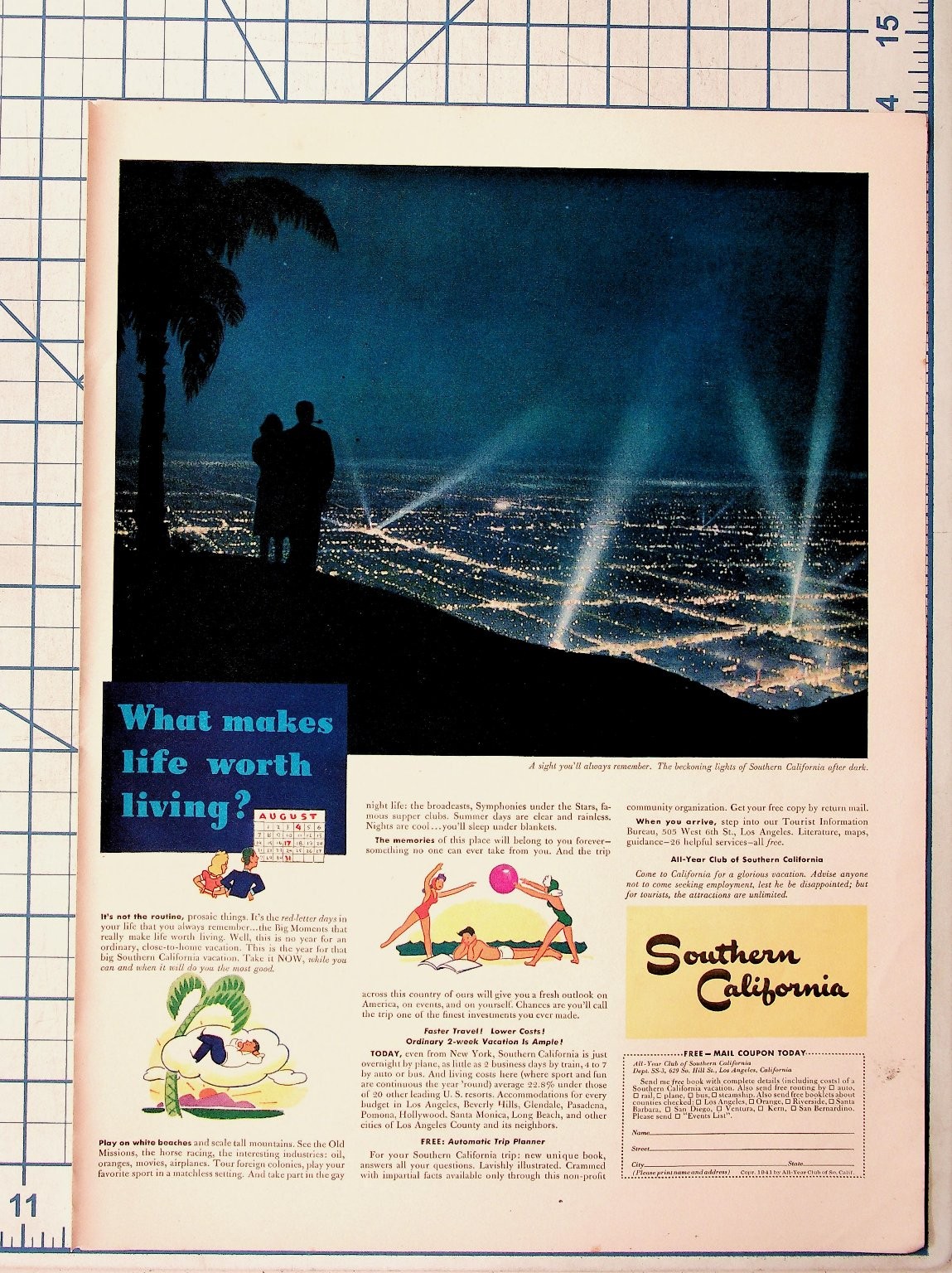 1941 Southern California Travel Ad Vintage Print Los Angeles Night View Ephemera