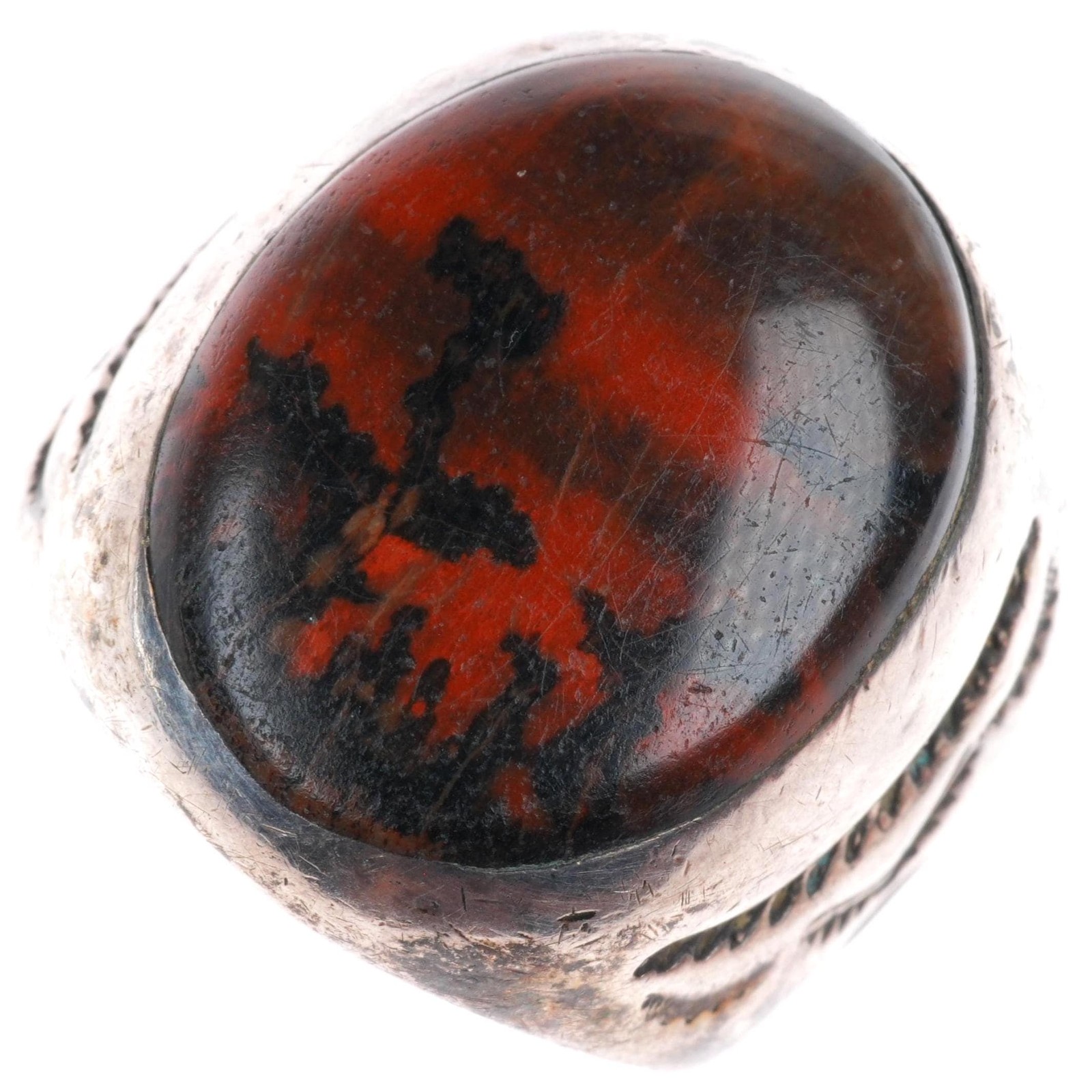 sz8.5 c1940's Navajo sterling silver petrified wood deep stamped sides ring