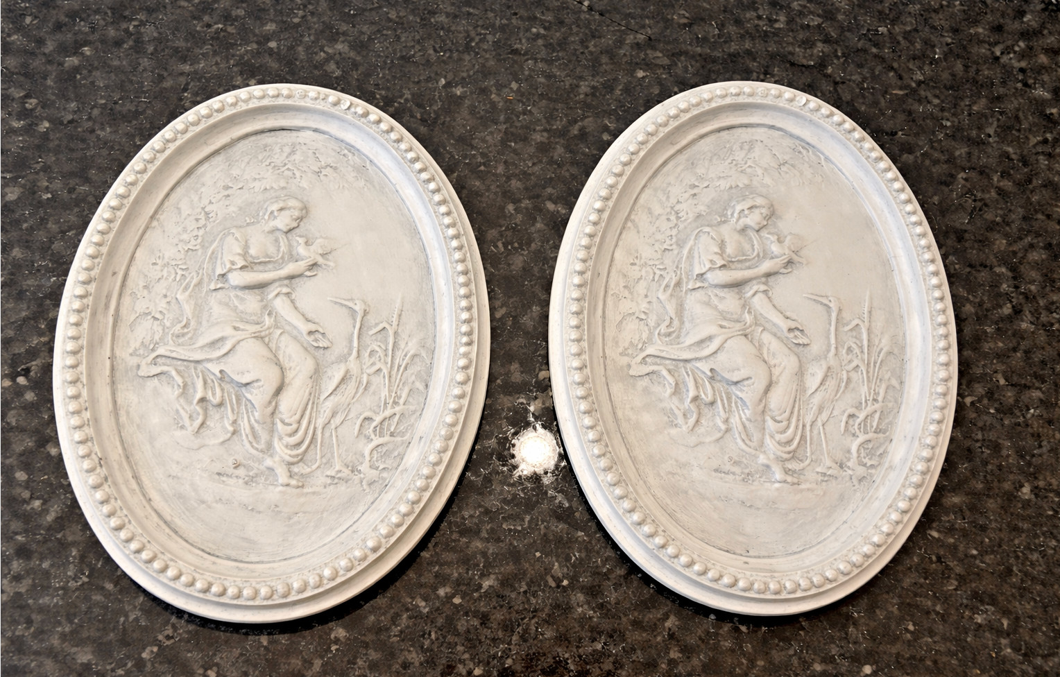 Pair of “Lady with Bird and Heron” Wall Plaques – 1995 Historic Impressions – 9”