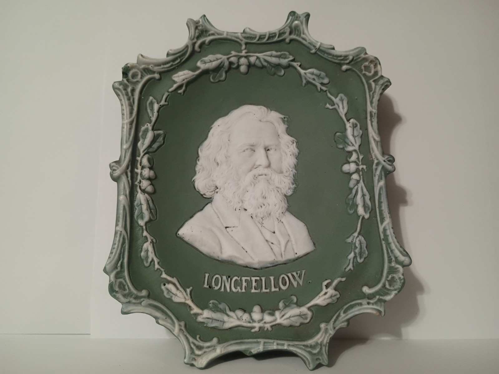 Antique German Bisque Jasperware Plaque Henry Wadsworth Longfellow Portrait Antique German Bisque Jasperware Plaque Henry Wadsworth Longfellow Portrait