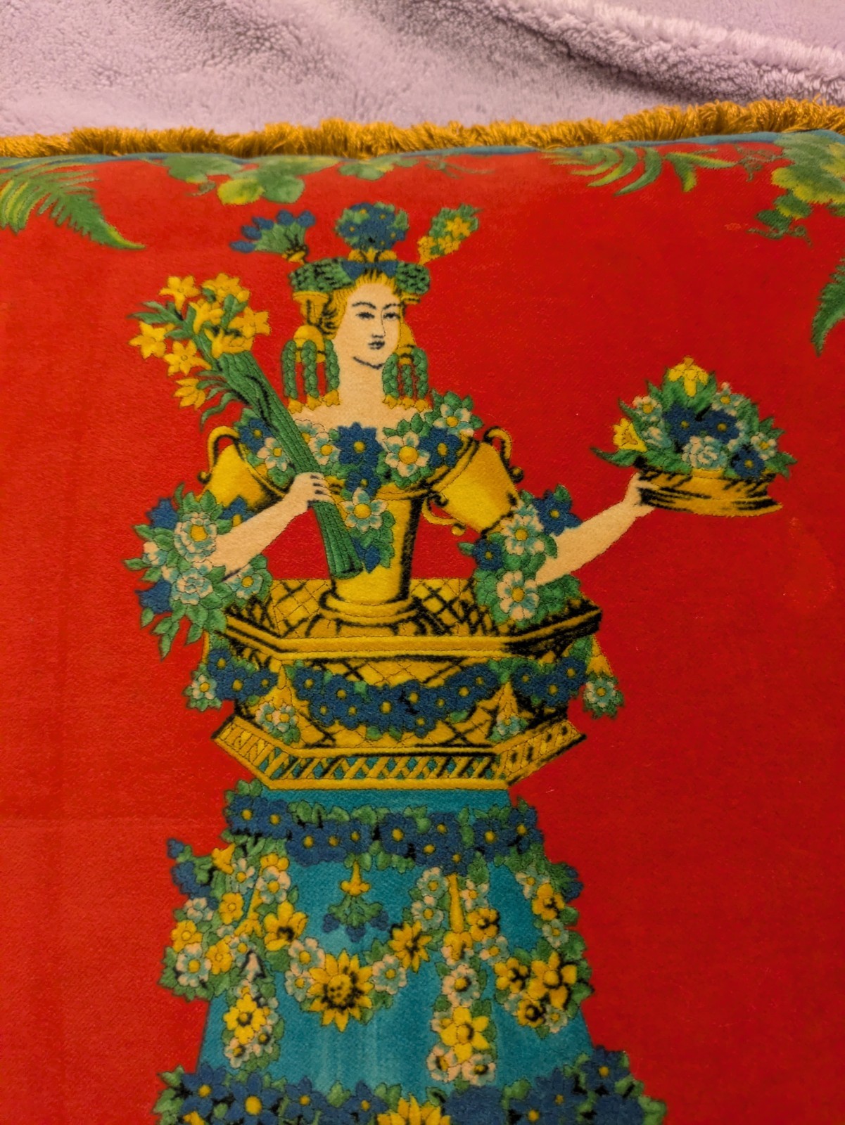 GIANNI VERSACE pillow velvet fringed Habit de Bouquetiere print size 17”