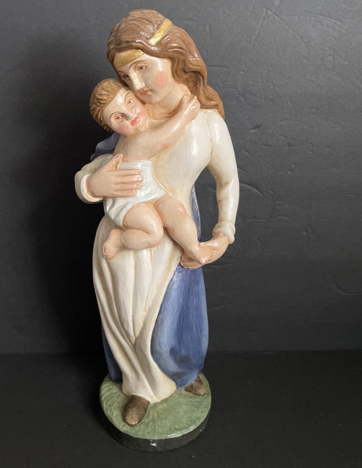 16” Tall Carved Wood Polychrome Painted Italian Val Gardena Madonna Child Statue