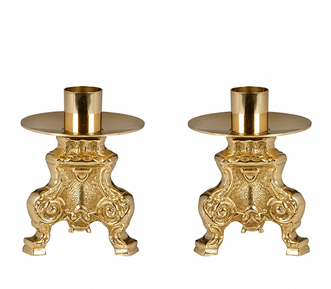 Small Ornate Brass Altar Candlestick Holders With Drip Plates 4.5\