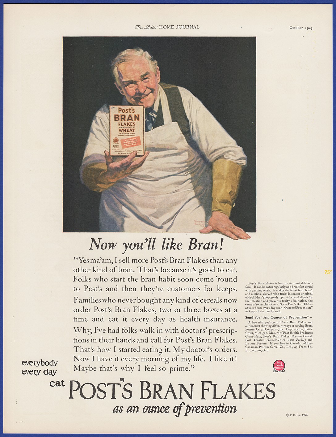 Vintage 1925 POST'S Bran Flakes Cereal Kitchen Norman Rockwell Art 20's Print Ad