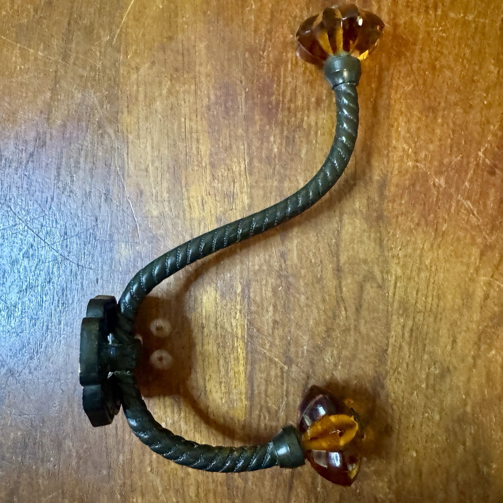 Vintage Wrought Iron Amber Glass Double Wall Hook Twisted Metal Ornate