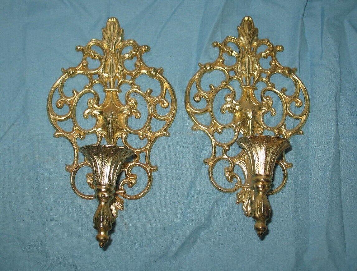 2 Vintage Metal Ornate Wall Candle Holders Sconces