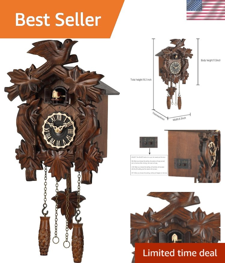 Cuckoo Clock, Traditional Black Forest Handcrafted Wooden Quartz Clock for Wa...