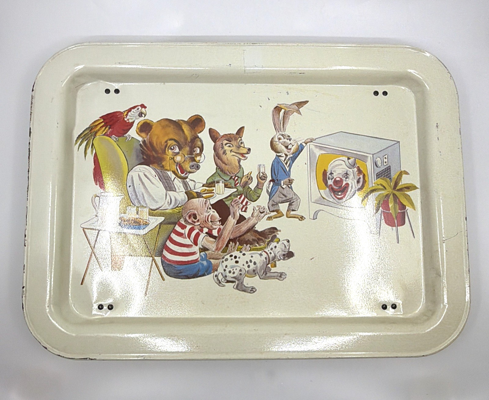 1950s Vintage Folding TV Tray 17x13 Tin Metal Cartoon Animals Clown