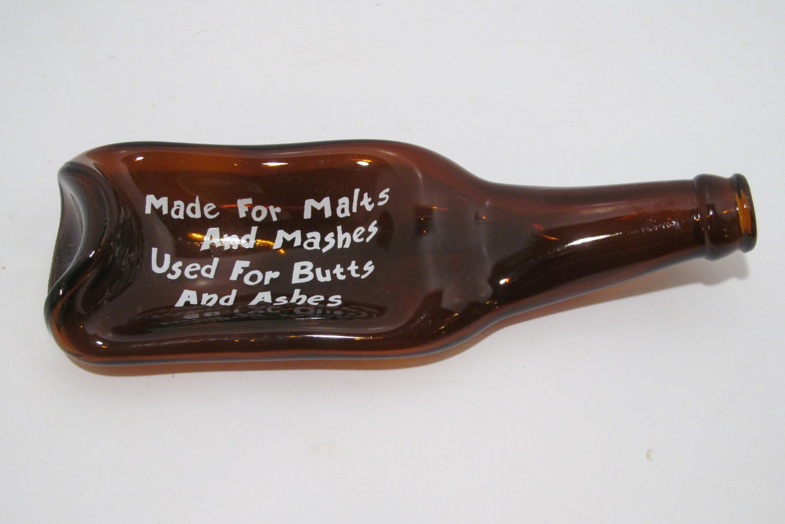 Brown Glass Vintage Flattened Beer Bottle Ashtray - Used for Butts & Ashes