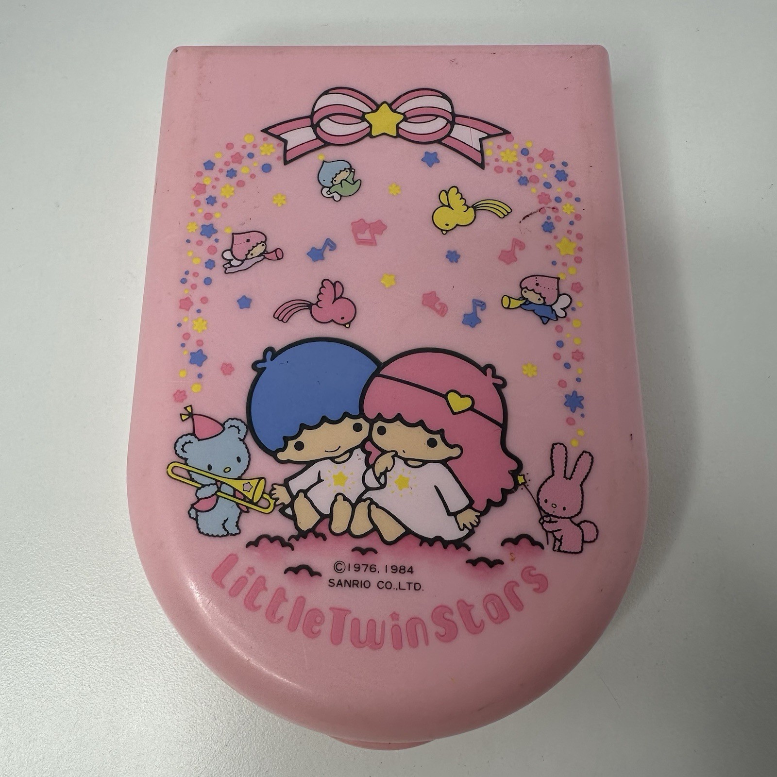 Vintage 1984 Sanrio Little Twin Stars Pink Plastic Vanity Mirror Jewelry Case