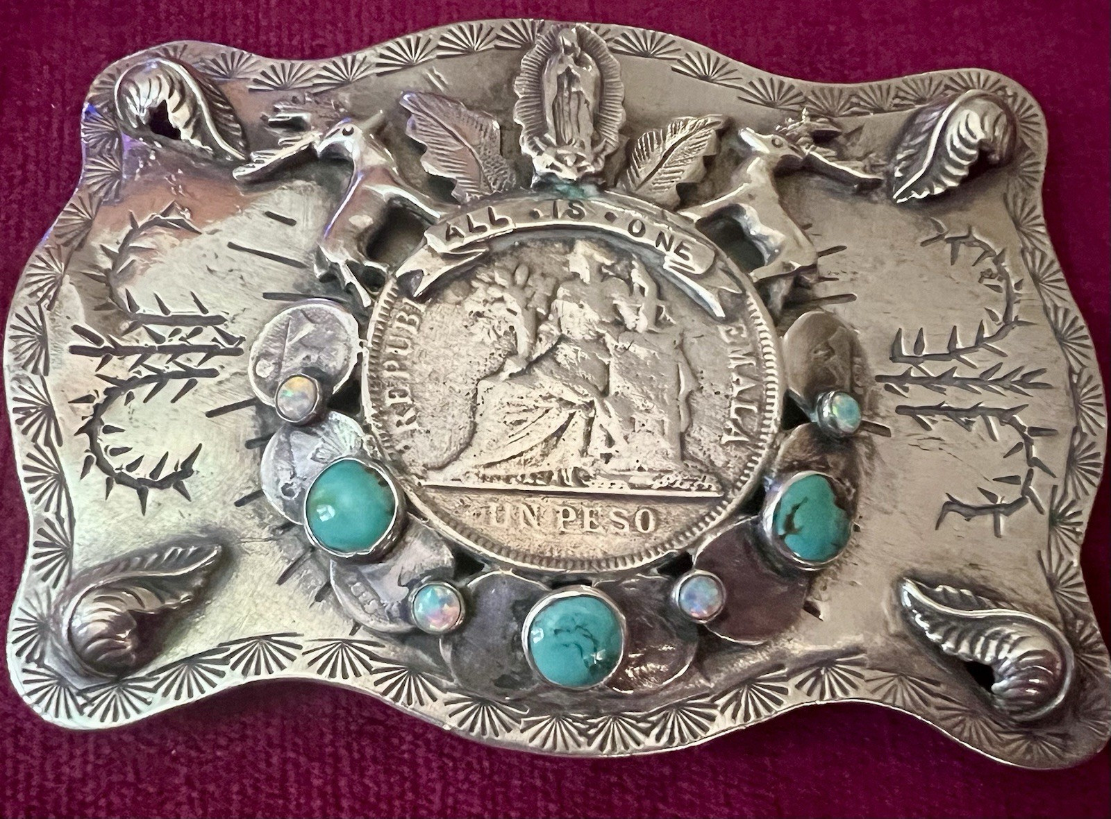 FABULOUS VTG ‘06 SWEET BIRD STERLING BELT BUCKLE TURQUOISE & OPALS WESTERN WARE
