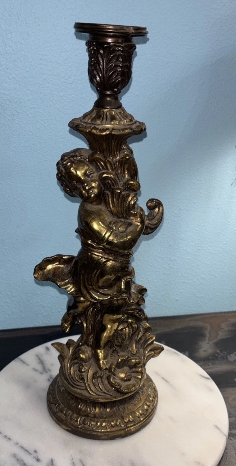 Vintage Mid- Century Cast Metal Brass  Angel Cherub Candle Stick Holder Read